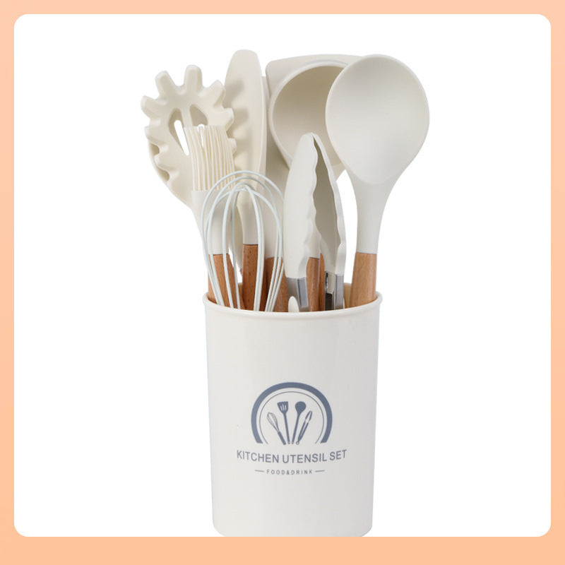 Set Complet De 11 Ustensiles en Silicone™ – Bois Blanc Milky, Design Moderne & Anti-Adhésif