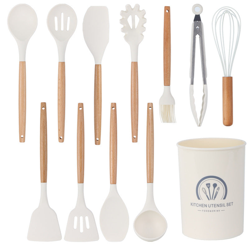Set Complet De 11 Ustensiles en Silicone™ – Bois Blanc Milky, Design Moderne & Anti-Adhésif