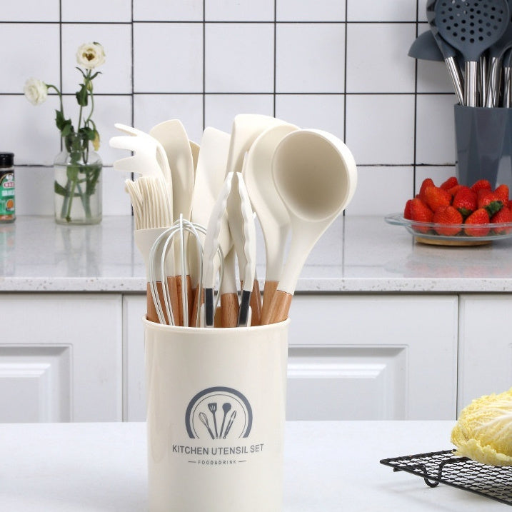 Set Complet De 11 Ustensiles en Silicone™ – Bois Blanc Milky, Design Moderne & Anti-Adhésif